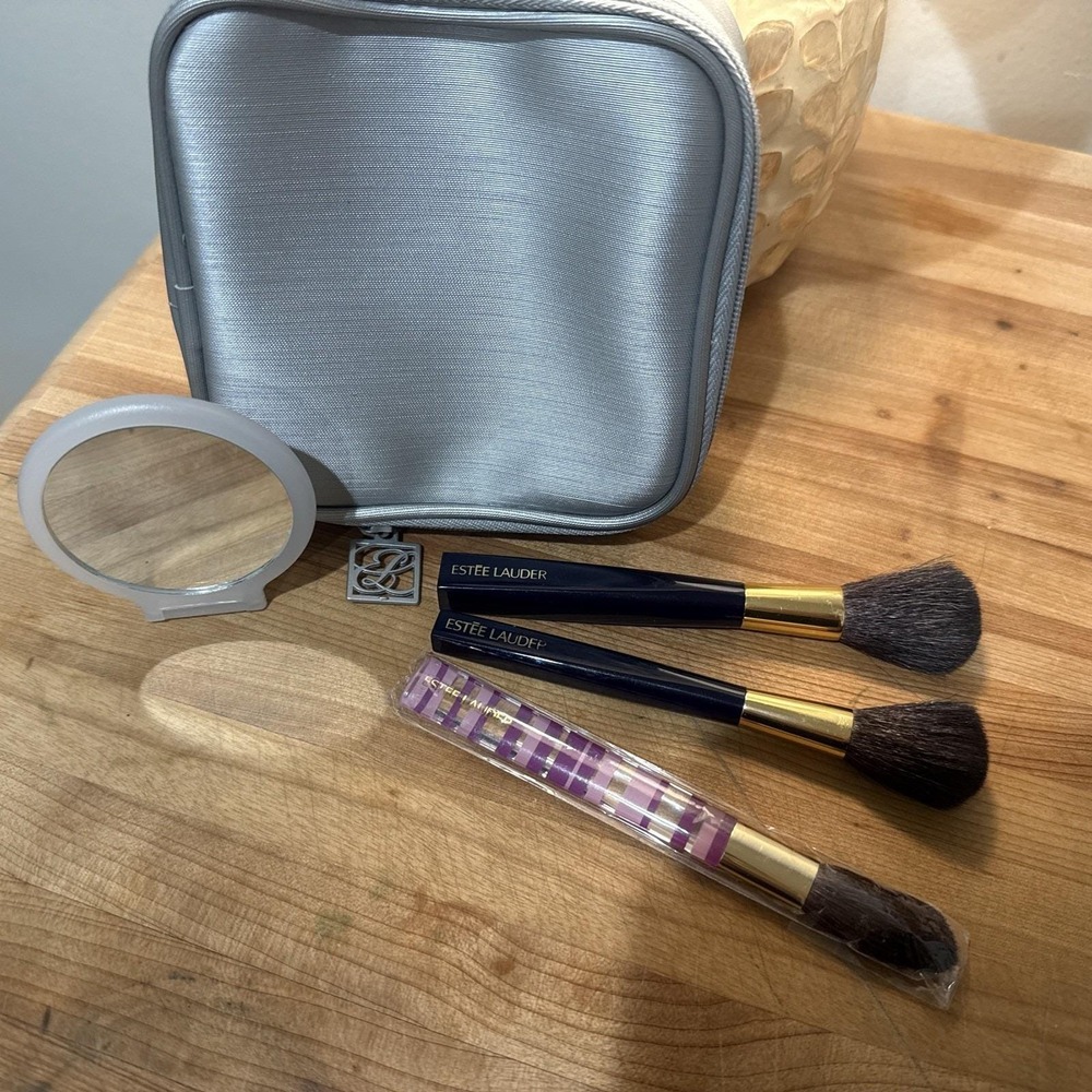Vtg Estee Lauder Brush Sets Powder Blush With Mirror And Travel Size Makeup Bag